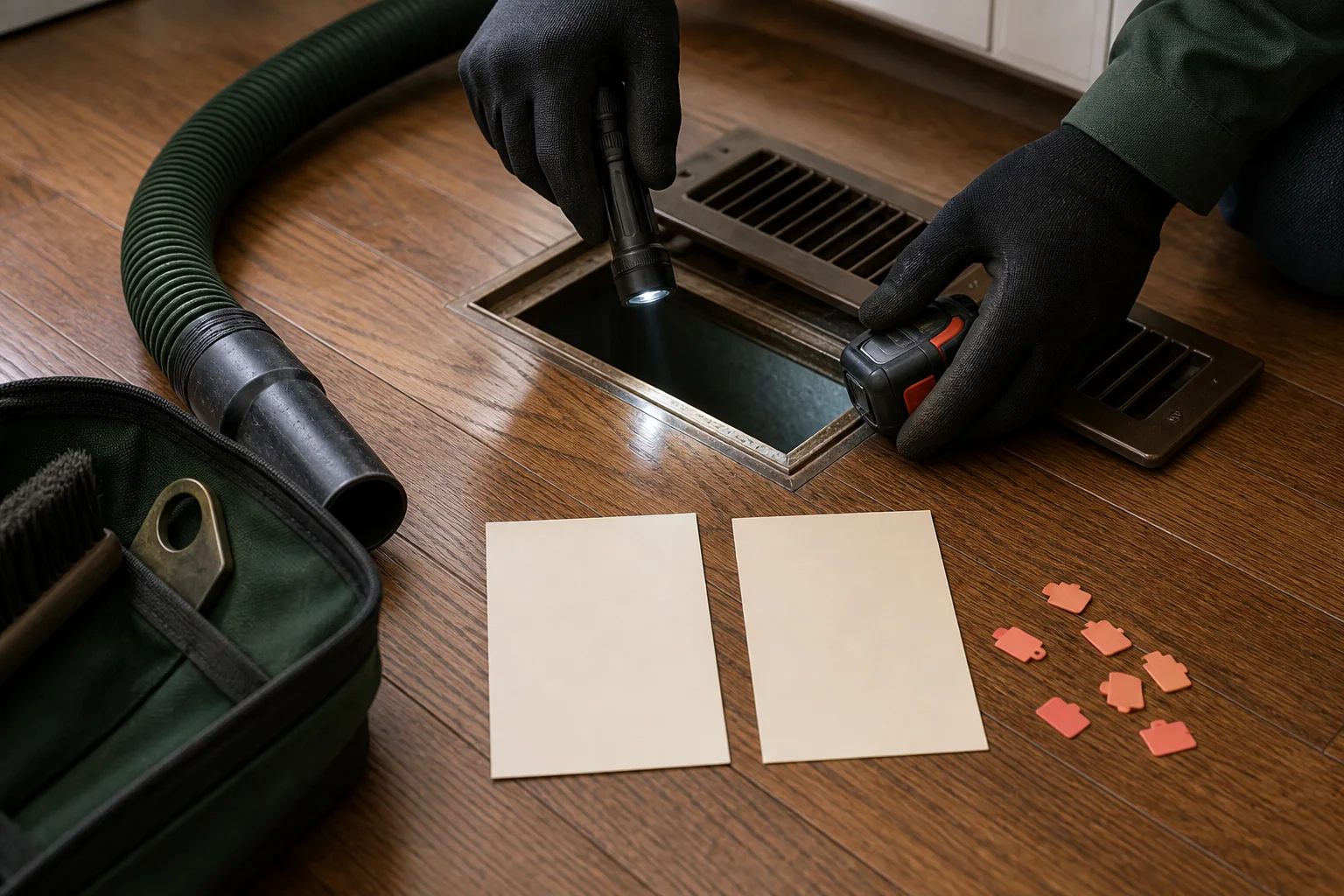 Air-duct technician documenting an open supply register before cleaning
