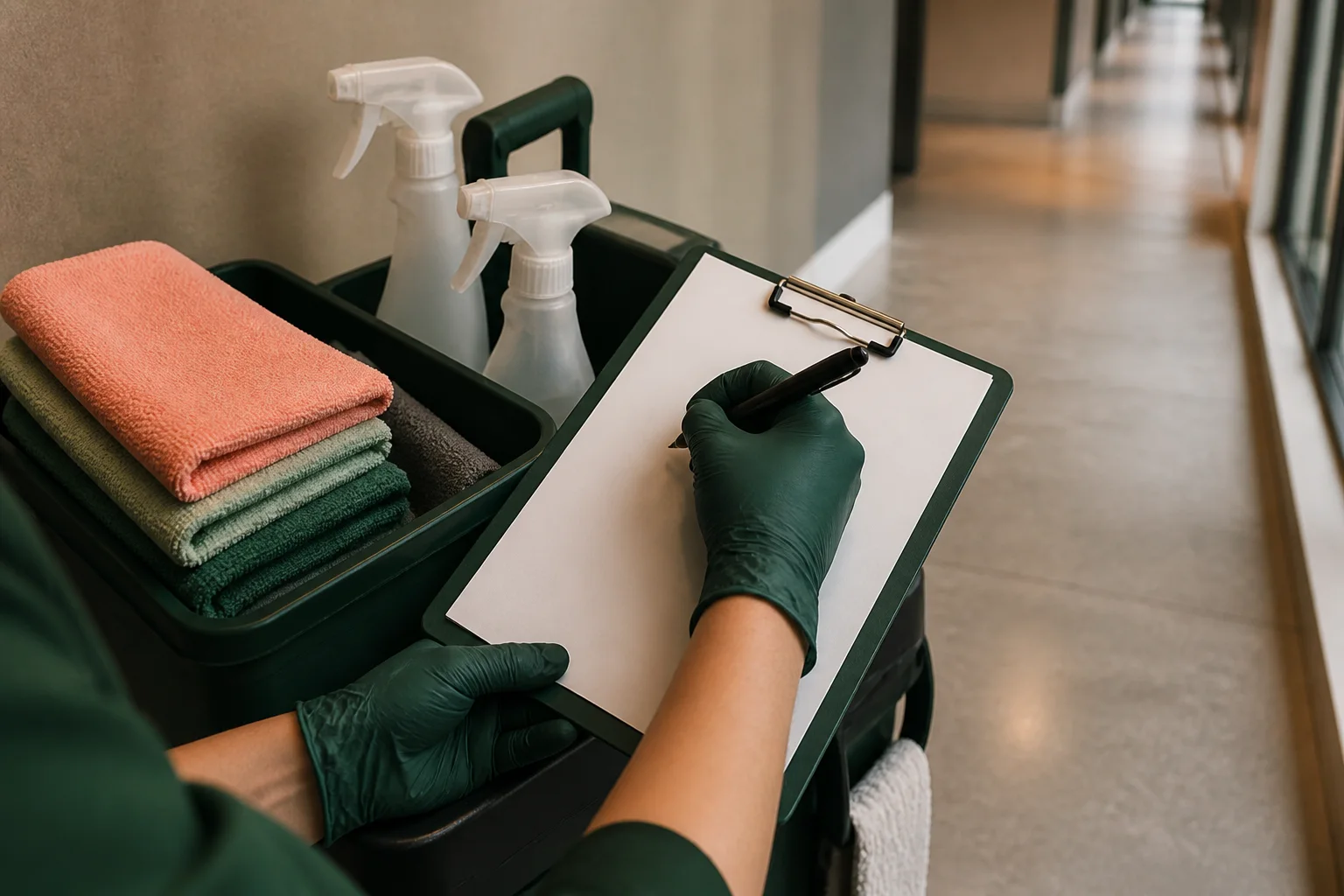 Commercial cleaning supervisor reviewing a checklist in an office corridor